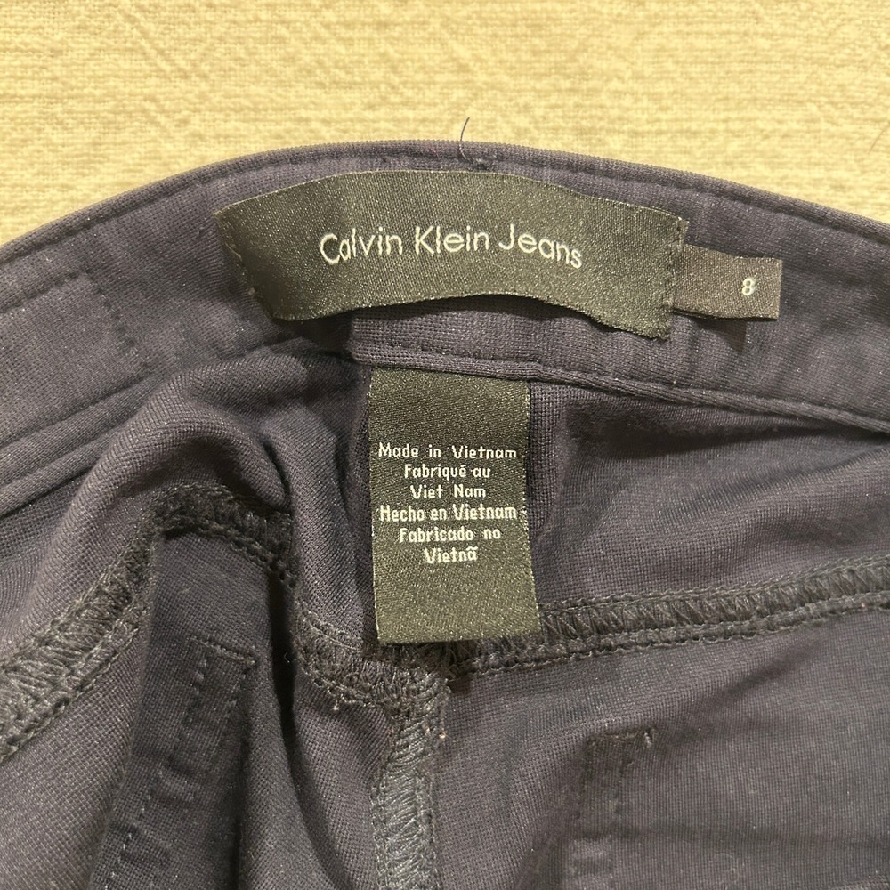 Calvin Klein Jeans Womens Size 8 Navy Blue Skinny Pants Faux Leather Trim - Picture 9 of 14
